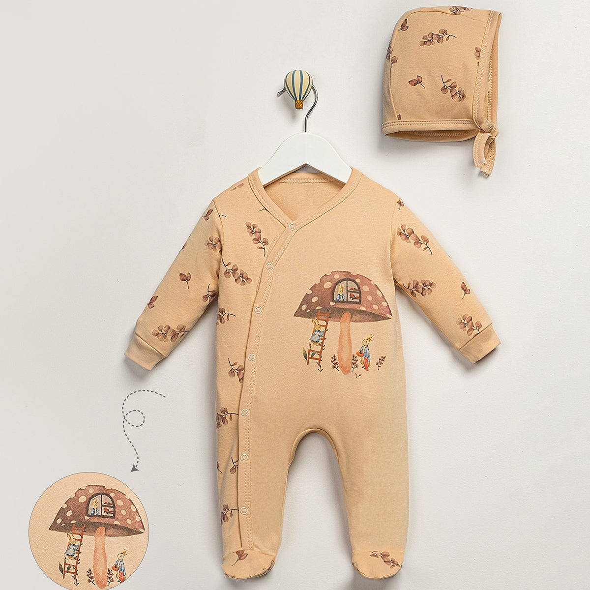 Storybook Mushroom Cotton Baby Sleeper – Footed One-Piece with Matching Hat