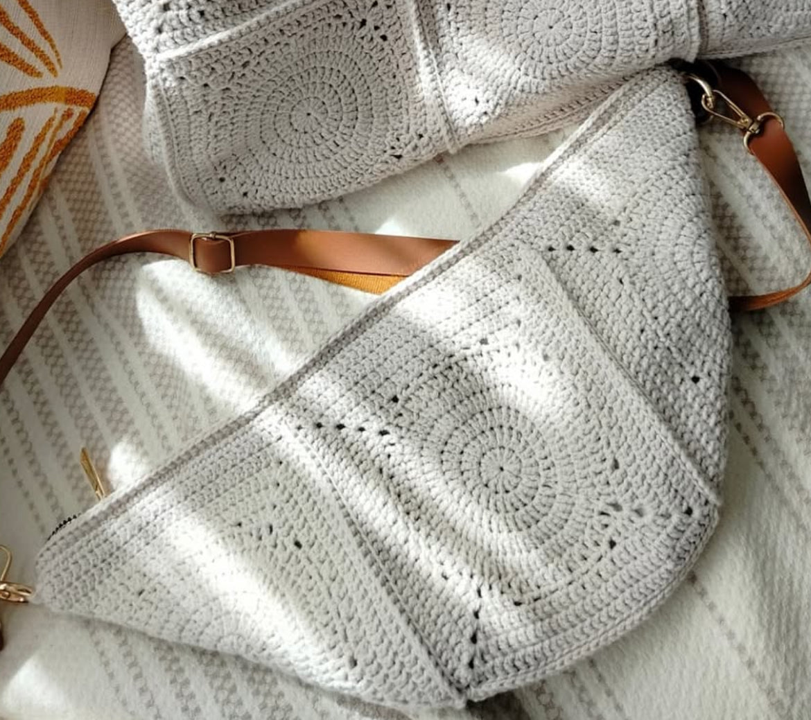 Handmade Crochet Crossbody Bag – Boho Chic with Leather Strap- Unique Gift for Mom