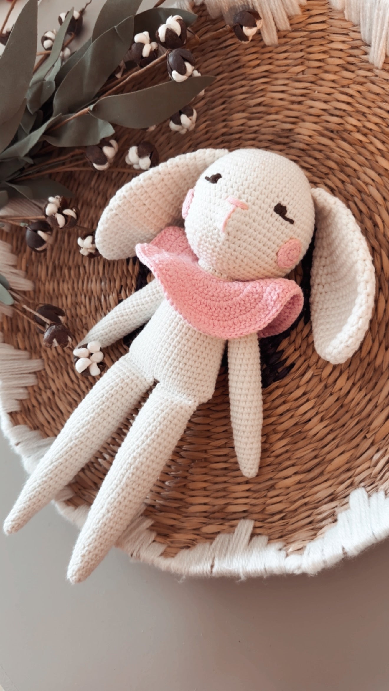 Handmade Crochet Bunny Doll With Pink Collar