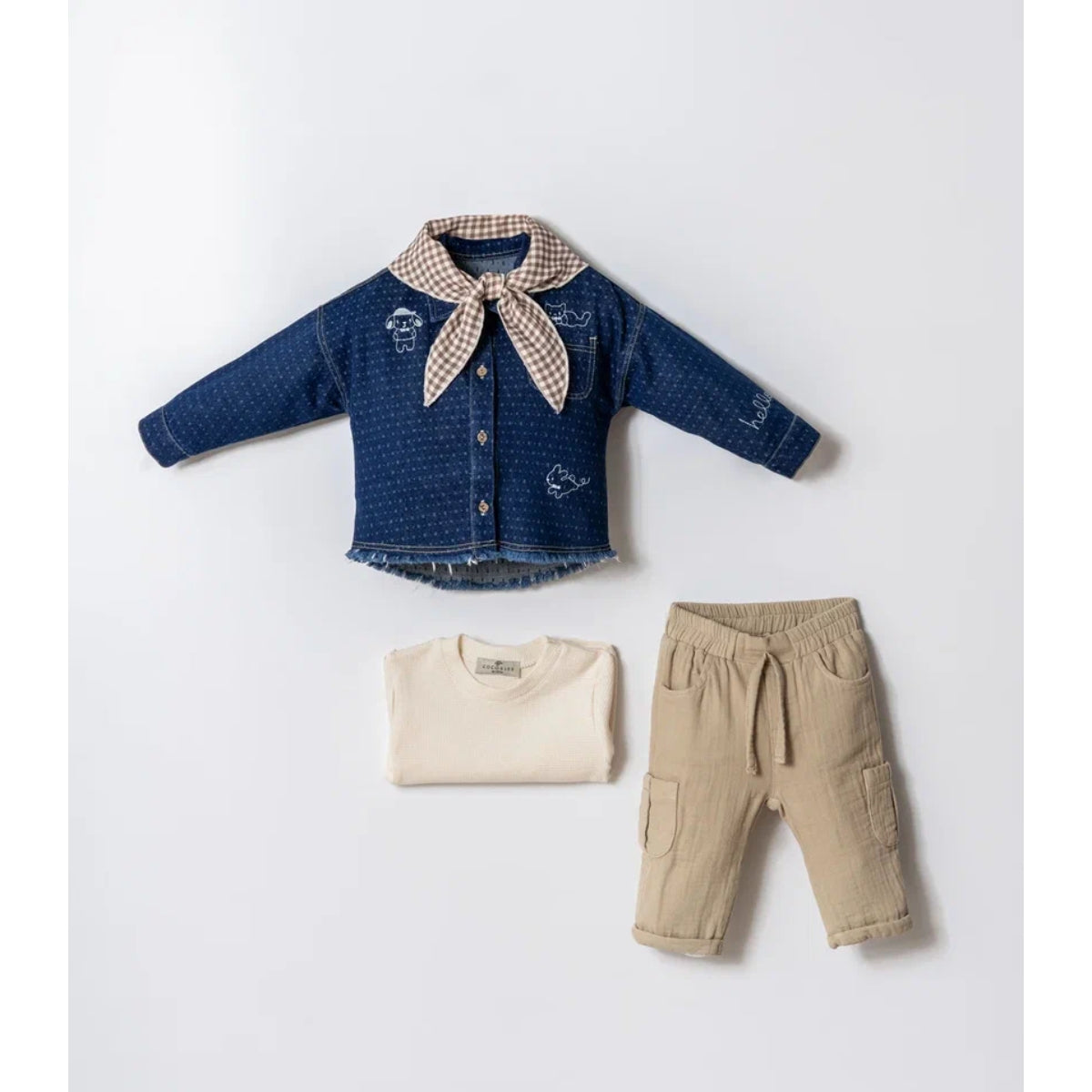 Gender Neutral Baby/kids Outfit Set – 4-Piece Denim Look Ensemble with Scarf