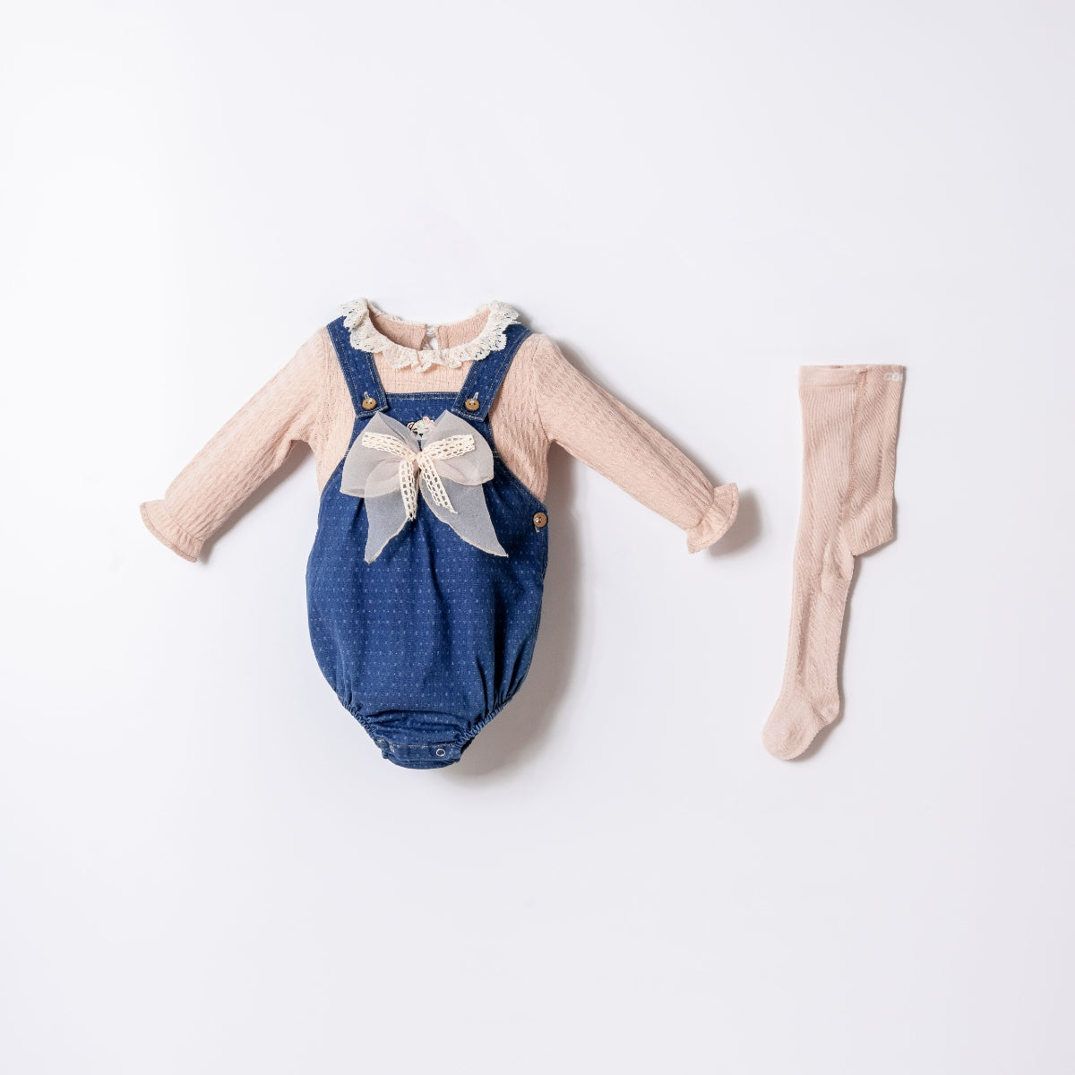 Baby Denim Romper Set | Long Sleeve Bodysuit with Bow & Tights