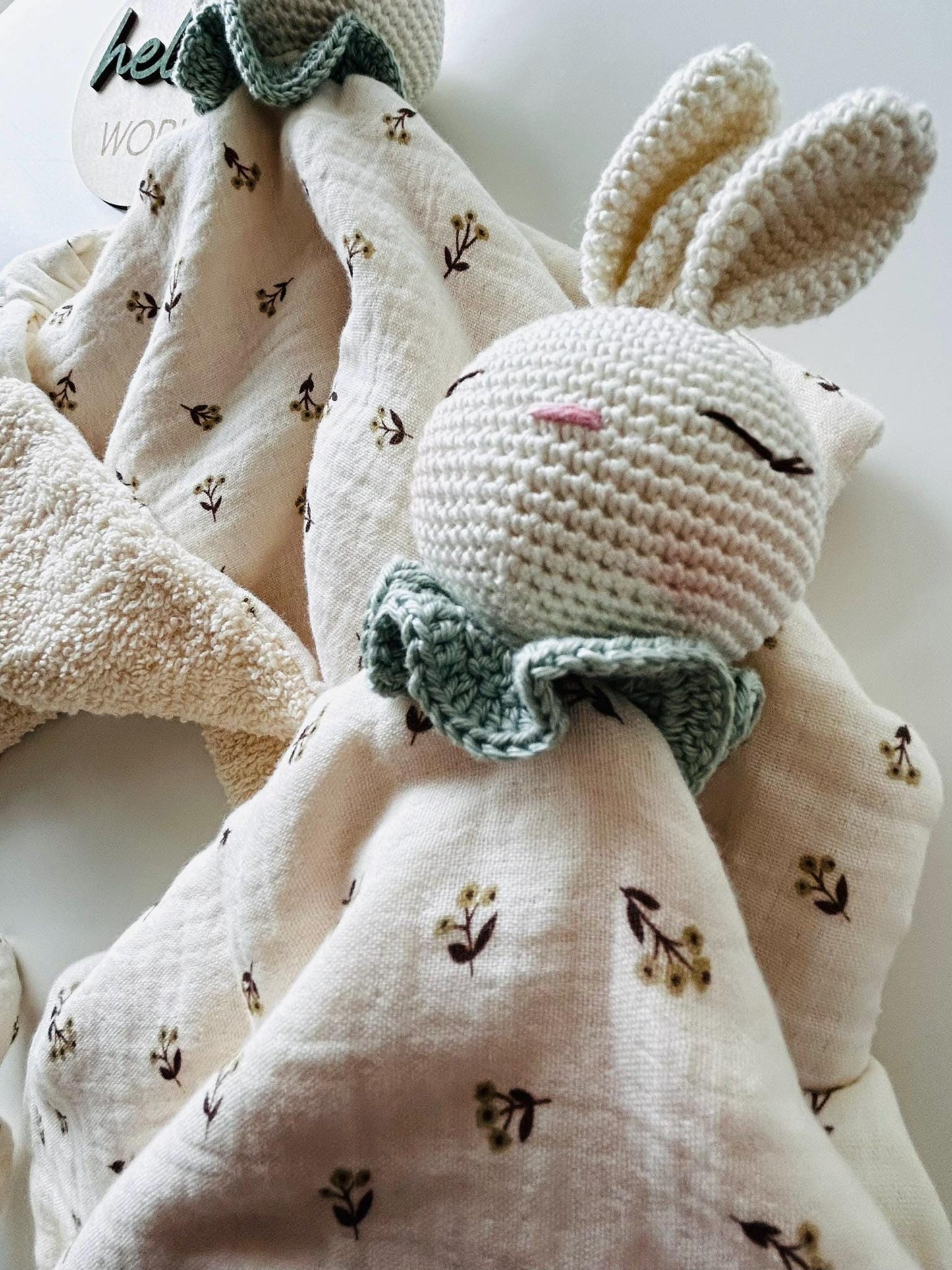 Gift for Newborn, Heirloom Crochet Lovey Security Blanket in Bunny, Bunny Lovey