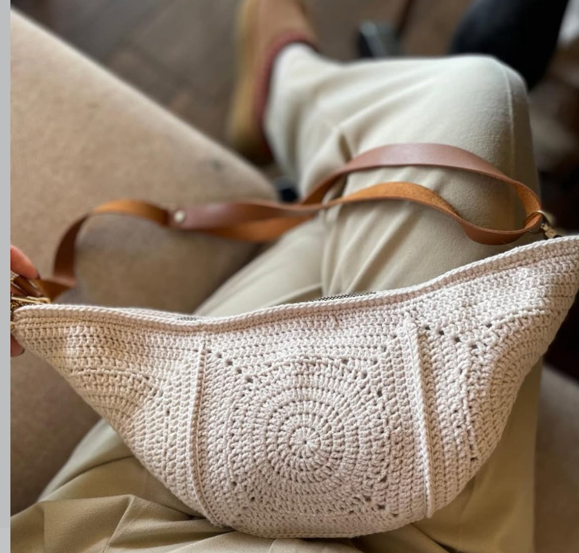 Handmade Crochet Crossbody Bag – Boho Chic with Leather Strap- Unique Gift for Mom