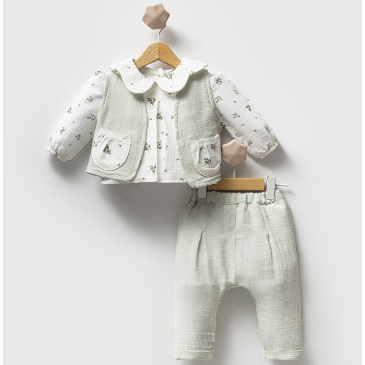 Heirloom Baby Outfit Set – Floral Blouse, Soft Vest & Relaxed Pants-Muslin