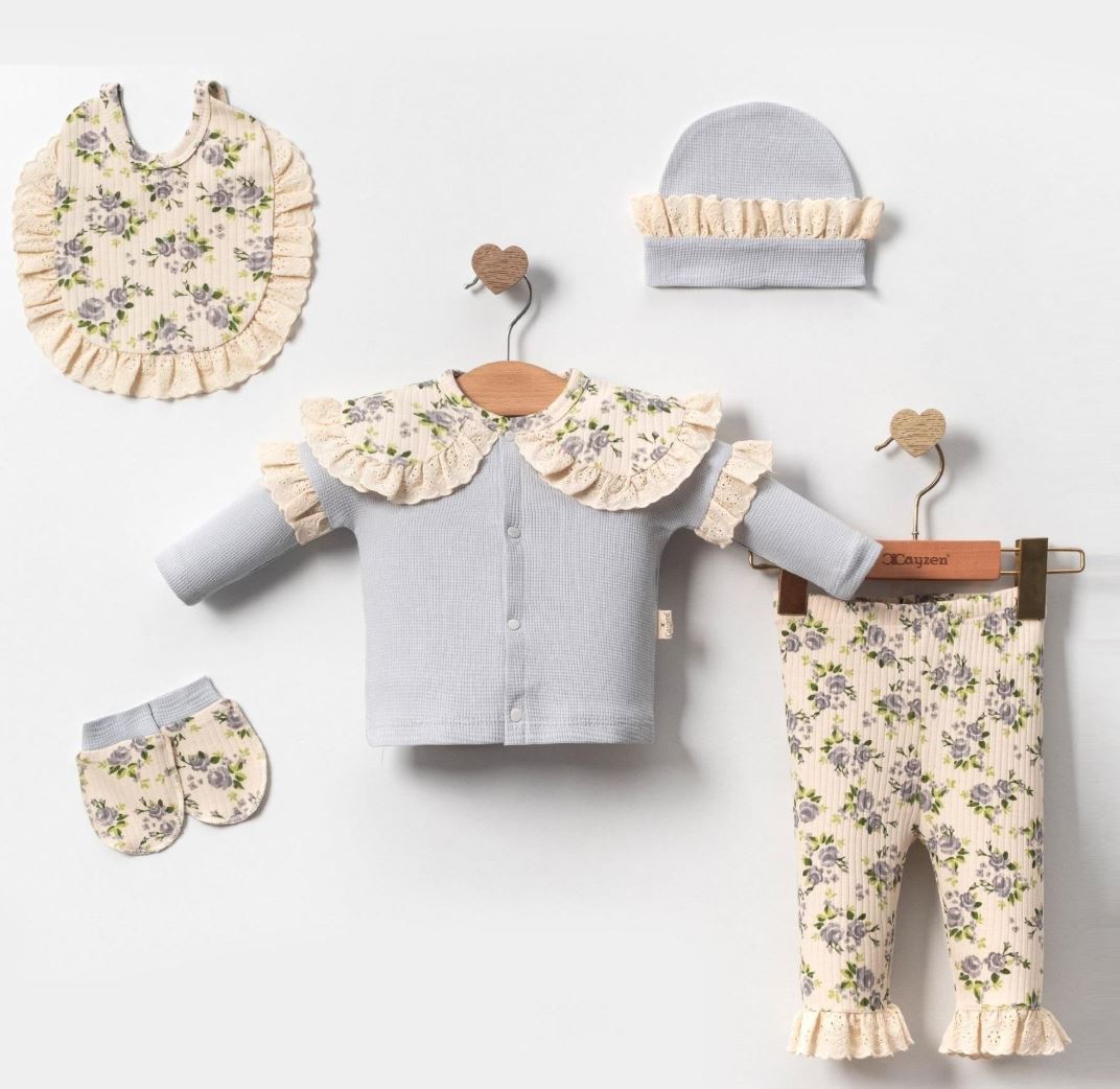 Baby Girl Set with Flower Pattern (Grey-Blue)