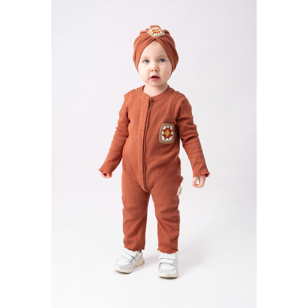 Baby Textured Romper Set | Granny Square Patch One-Piece with Headwrap