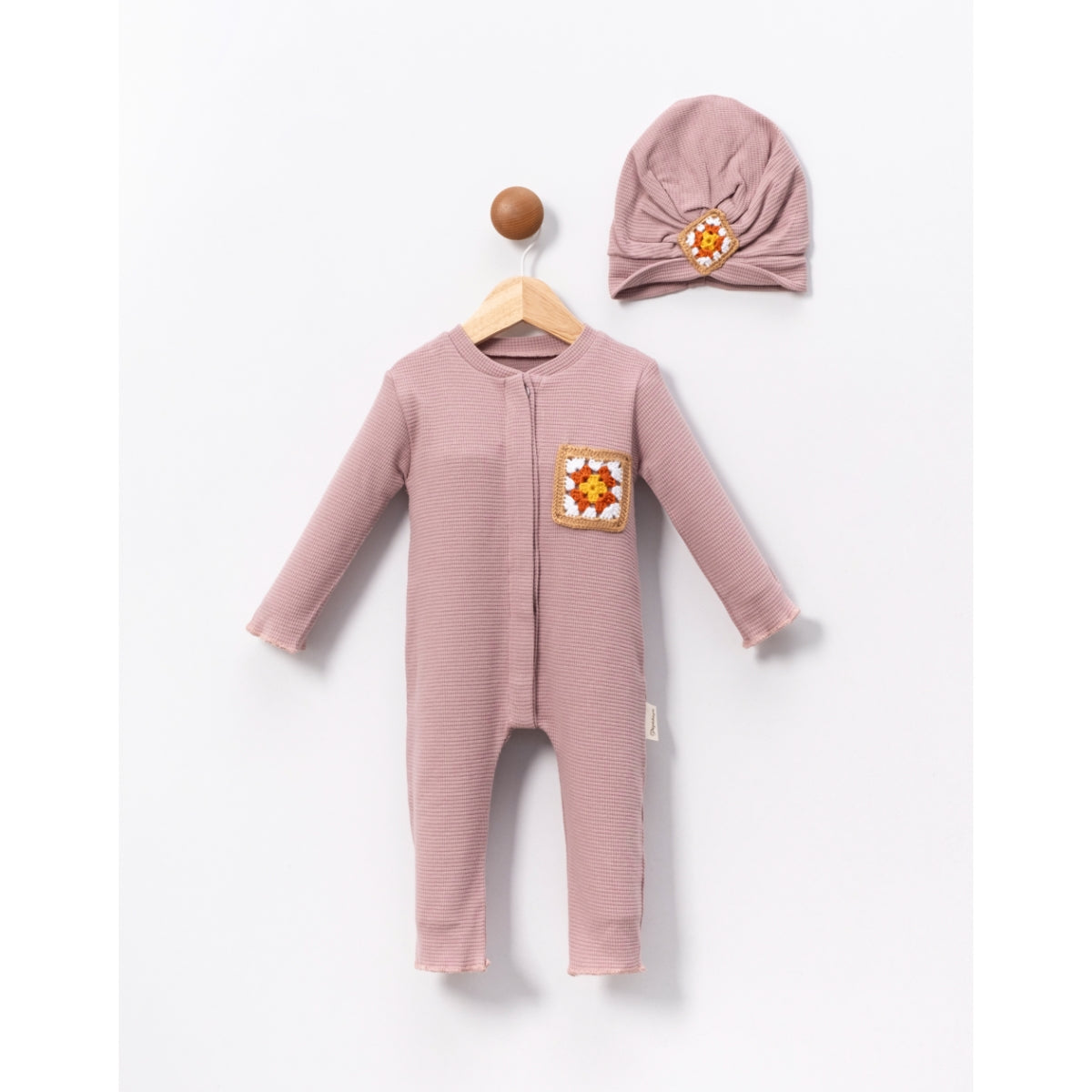 Baby Textured Romper Set | Granny Square Patch One-Piece with Headwrap-Light Pink