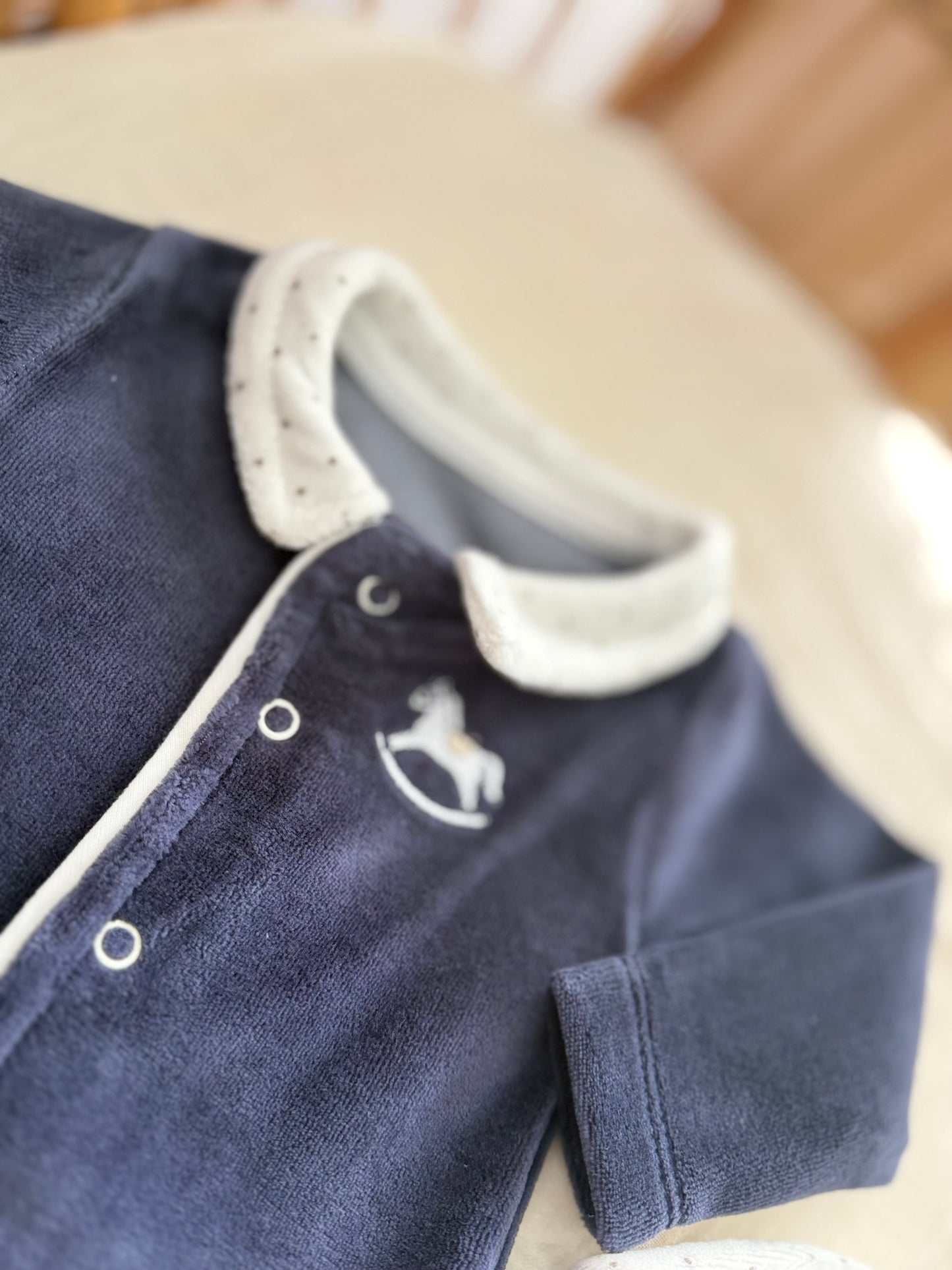 Navy Velour Baby Romper with Rocking Horse Embroidery