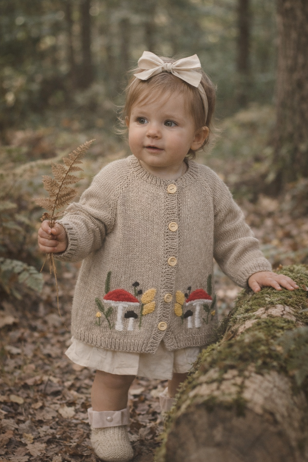 Hand Knitted and Embroidered Cardigan with Mushroom Garden
