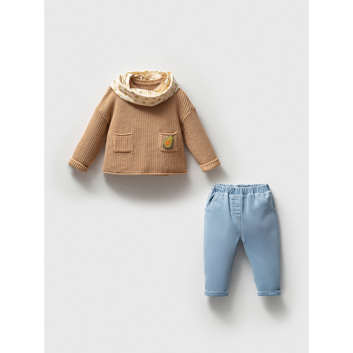 3-Piece Baby Outfit Set with Avocado Scarf & Avocado Patch Detail