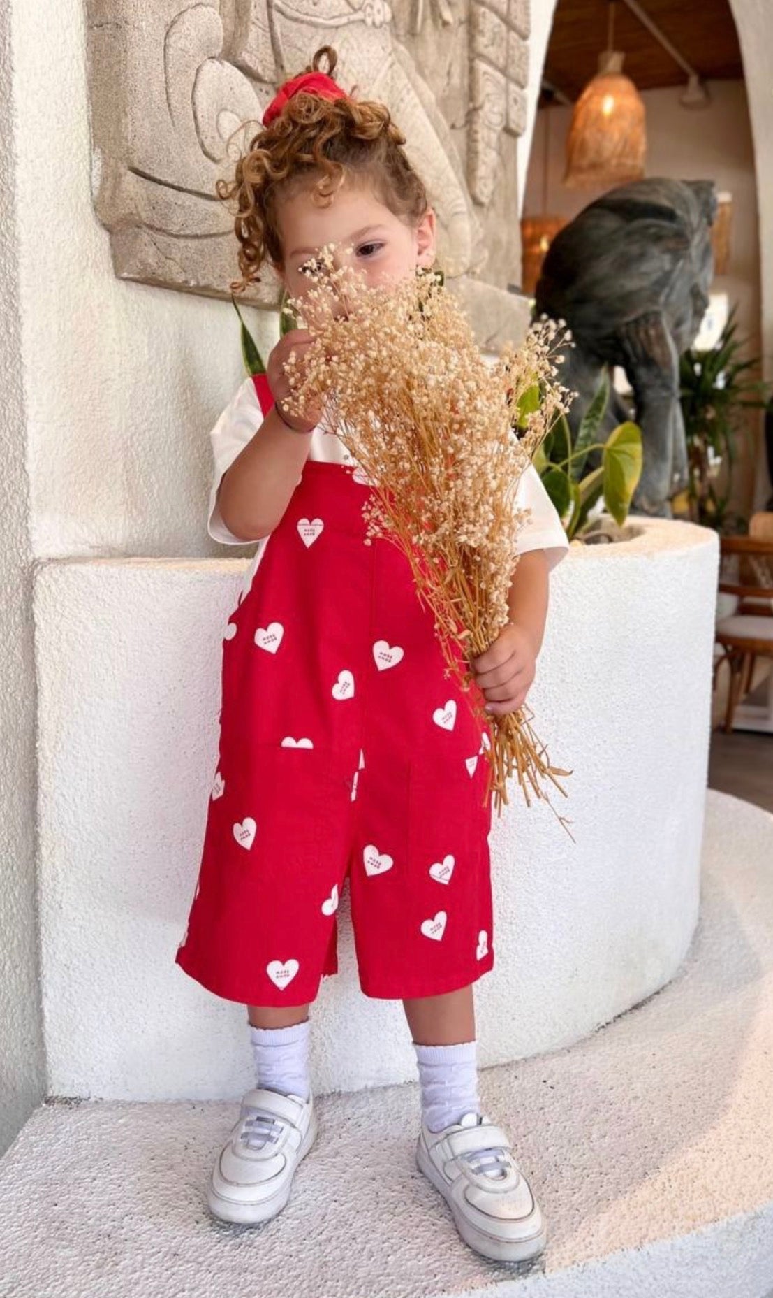 Red Heart Print Overall Shorts for Toddlers