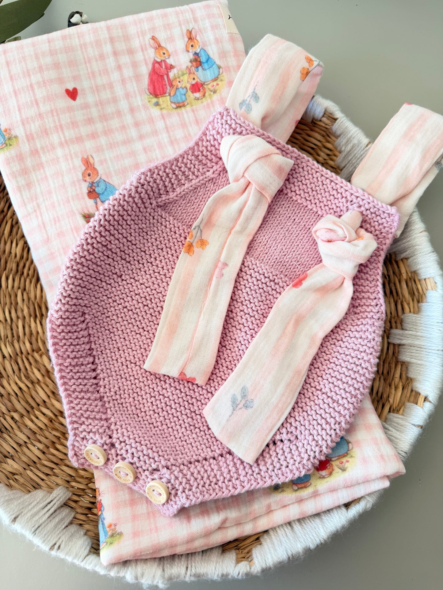 Hand-Knit Baby Romper with Muslin Tie Straps