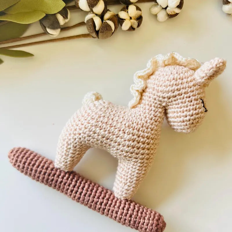 Crochet Rocking Horse Rattle: Stuffed Baby Toy