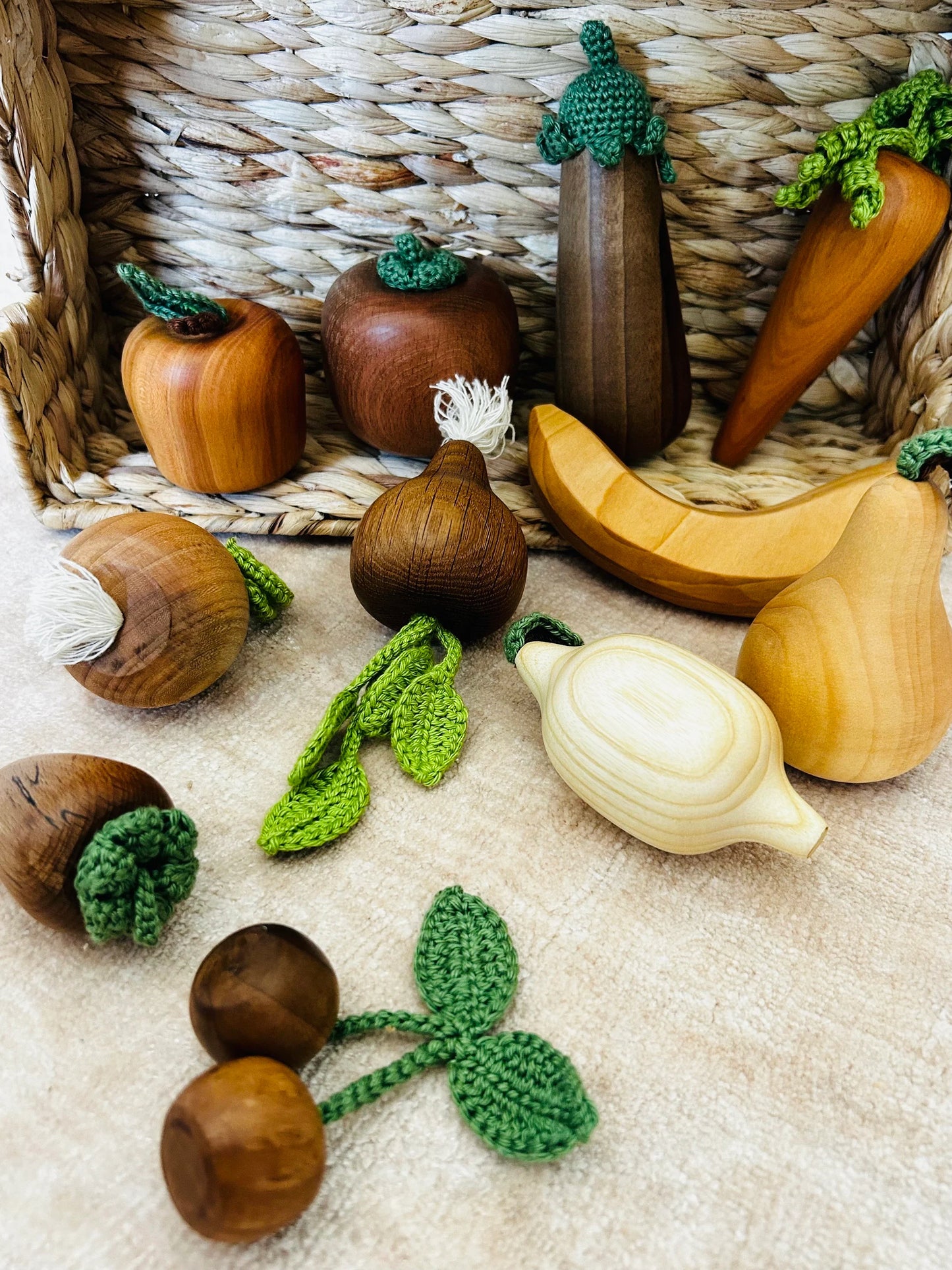 Handmade Wooden Vegatable & Fruit Set with Crochet Details