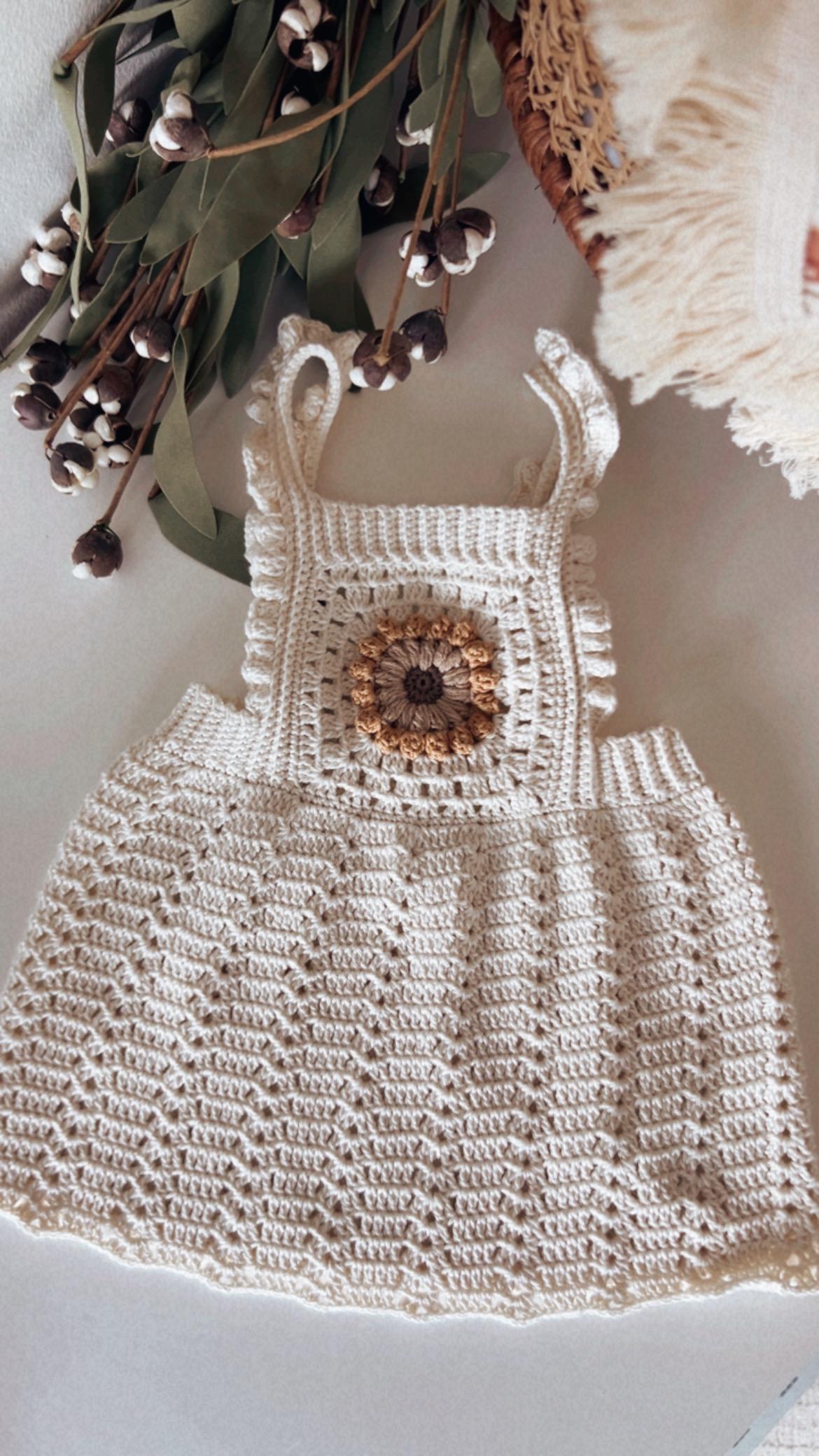 Crochet Baby Dress, Handmade Cotton Dress, Soft Sunflower Dress for Baby