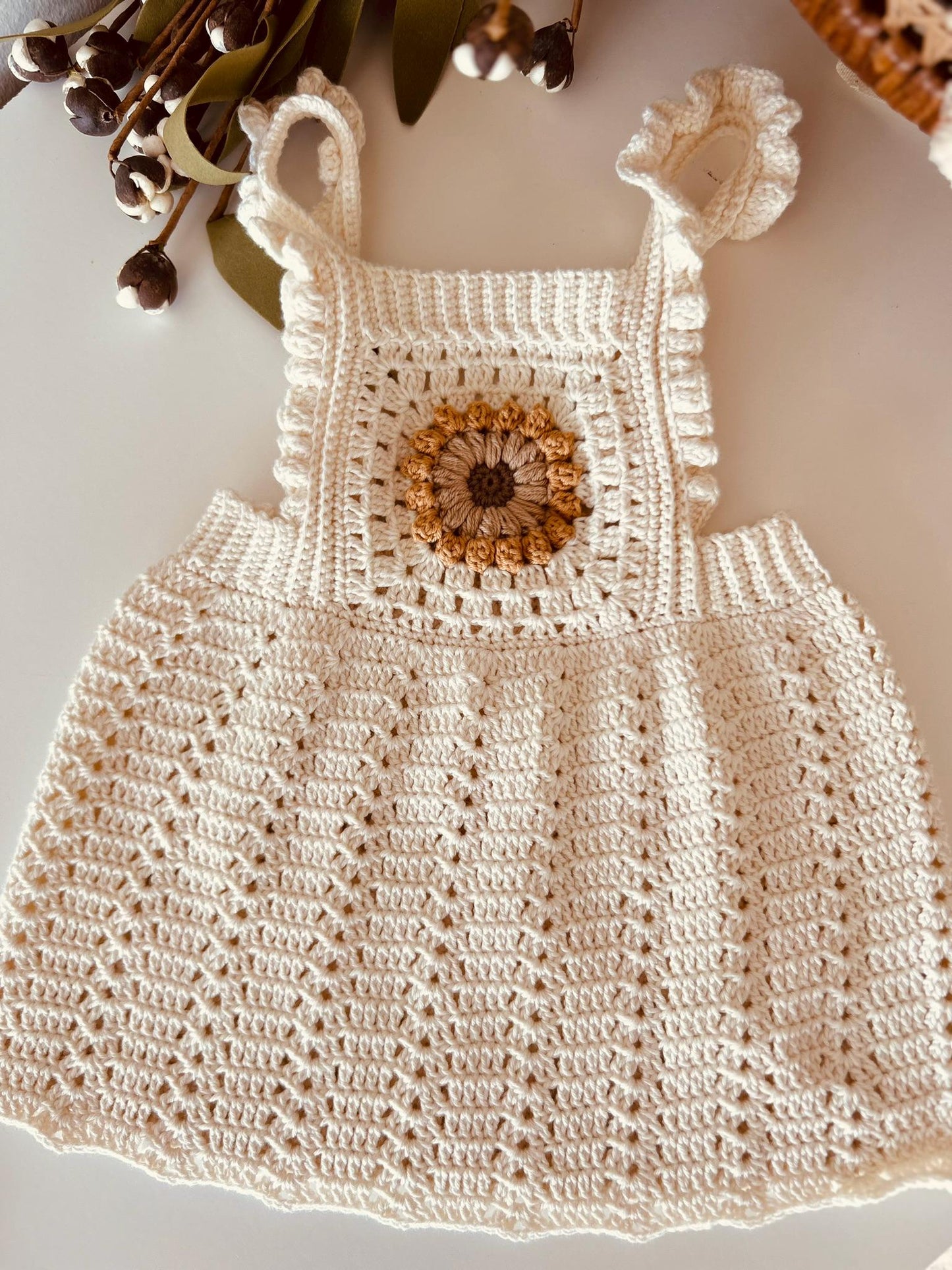 Crochet Baby Dress, Handmade Cotton Dress, Soft Sunflower Dress for Baby