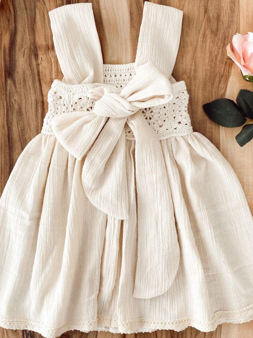 Linen and Crochet Handmade Baby Dress, Organic Island Dress, Summer Dress Baby