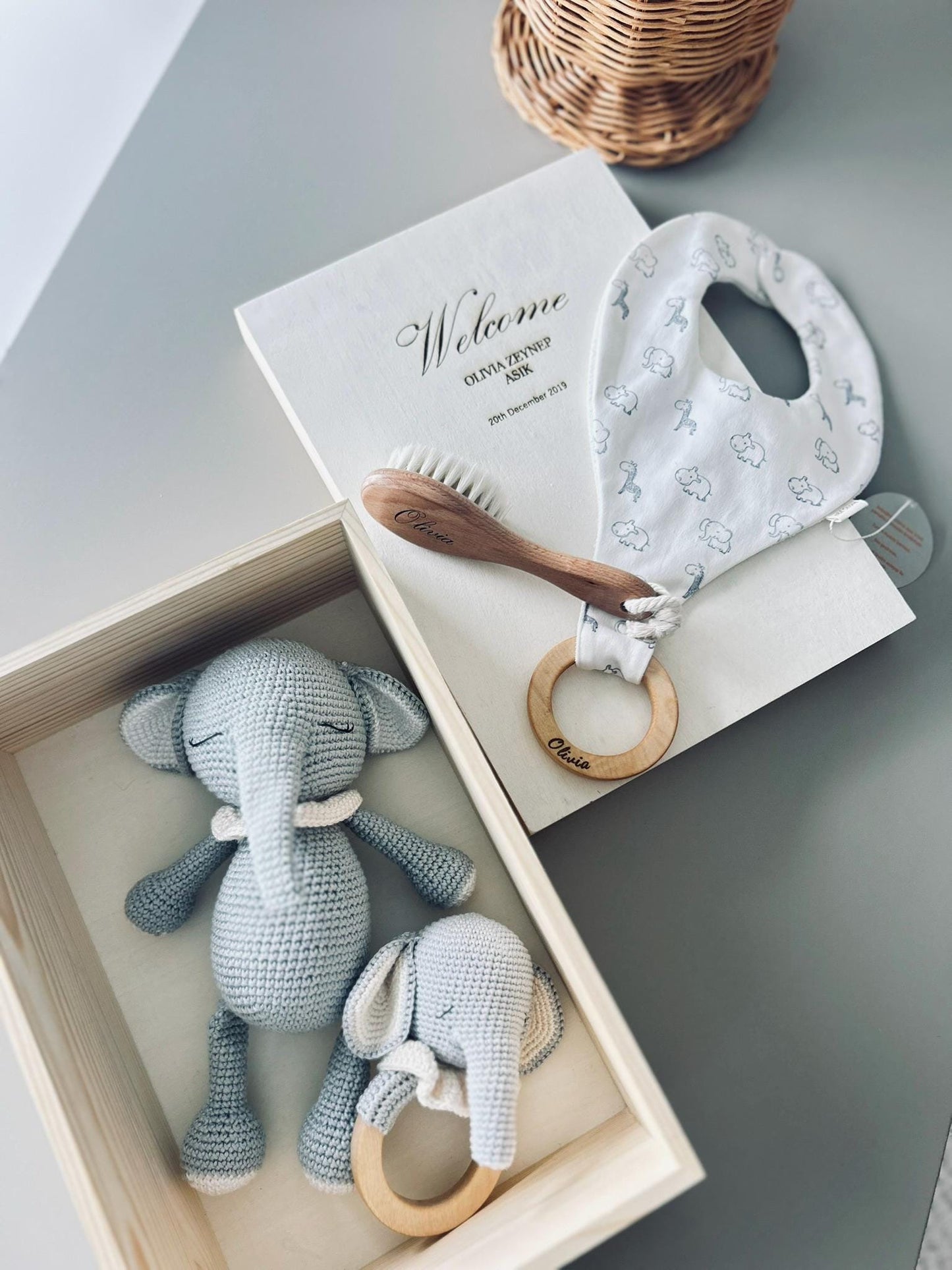 Personalized Baby Gift Box β Elephant Rattle, Amigurumi Elephant Toy, Bib & Baby Brush