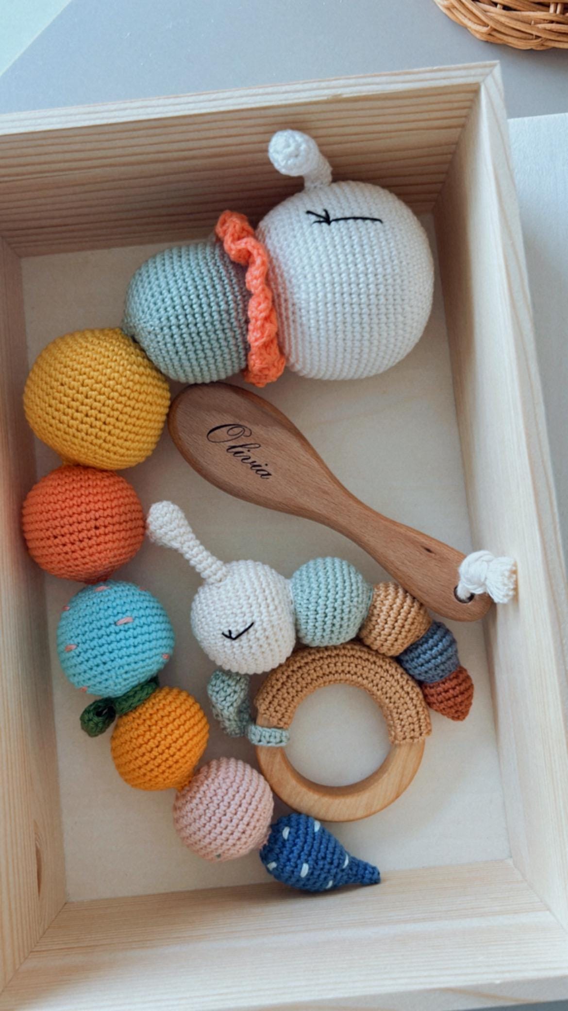 Personalized Baby Gift Box, Customized Baby Keepsake Box, Crochet Caterpillar Set