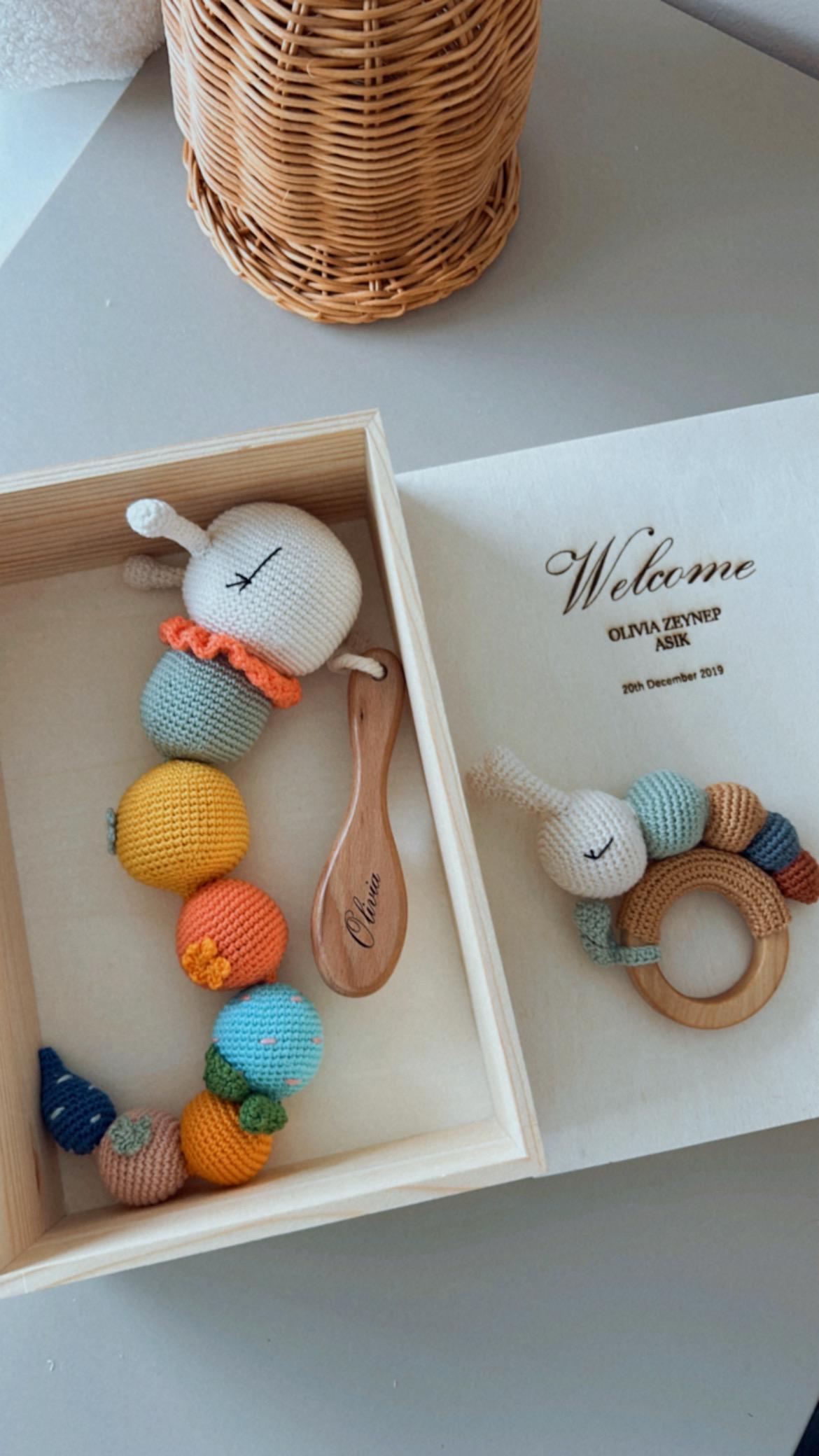 Personalized Baby Gift Box, Customized Baby Keepsake Box, Crochet Caterpillar Set