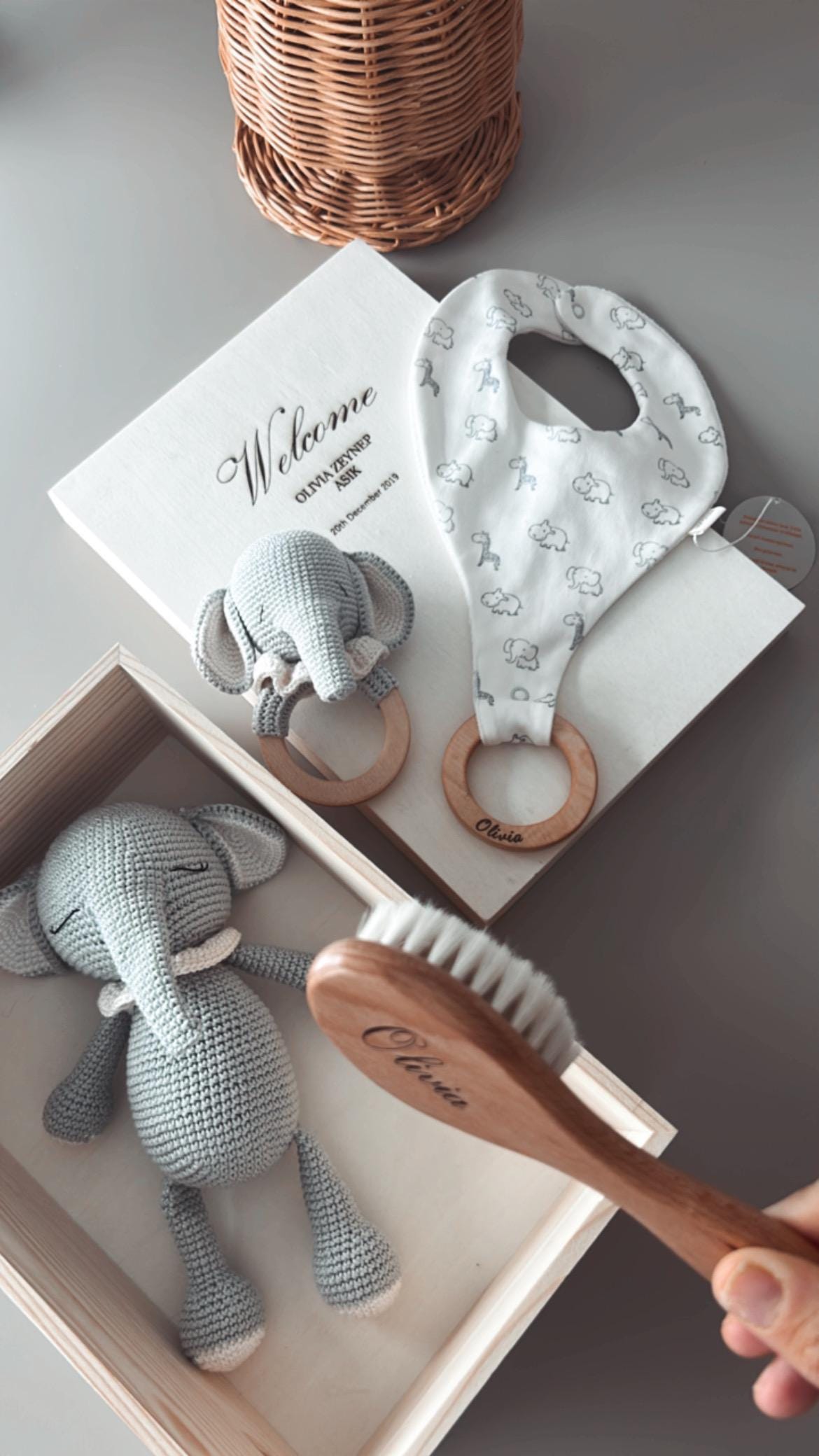 Personalized Baby Gift Box β Elephant Rattle, Amigurumi Elephant Toy, Bib & Baby Brush