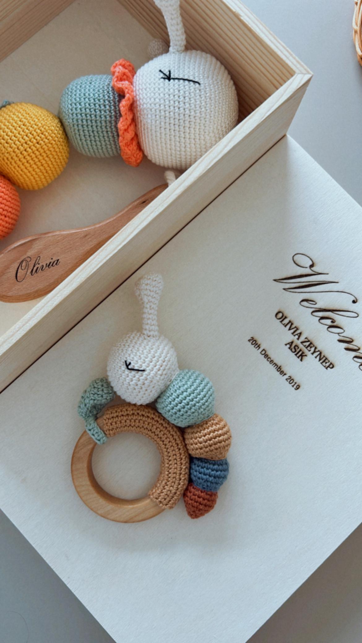 Personalized Baby Gift Box, Customized Baby Keepsake Box, Crochet Caterpillar Set