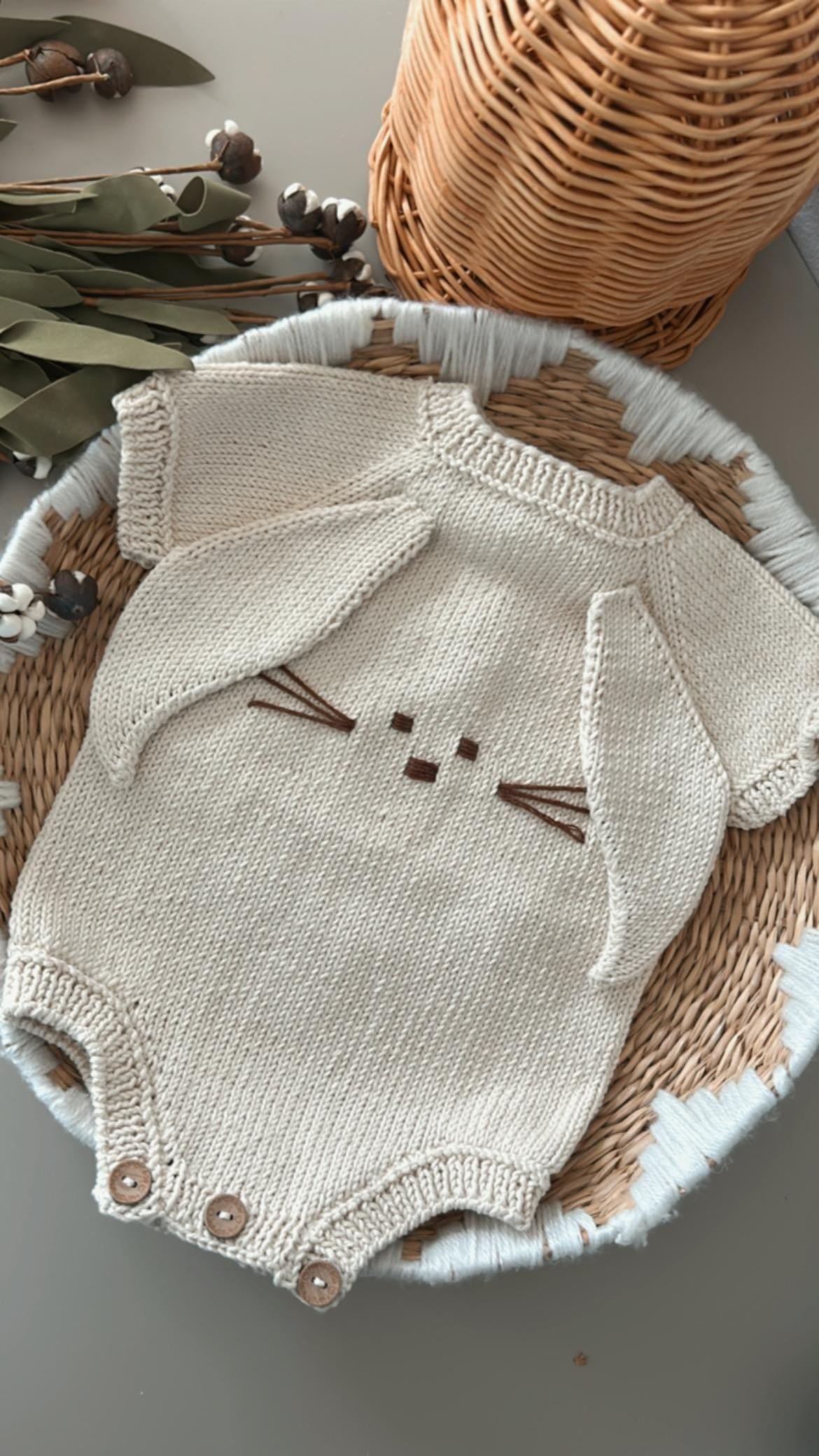 Knitted Bunny Baby Romper – Handmade Heirloom Outfit for Newborns (0–6 Months)