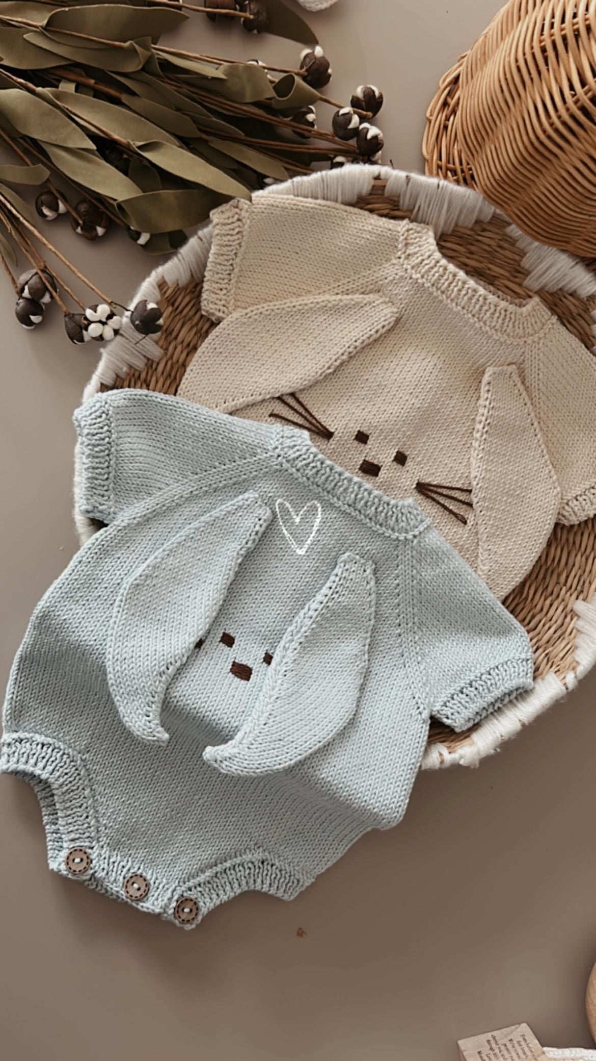 Knitted Bunny Baby Romper – Handmade Heirloom Outfit for Newborns (0–6 Months)