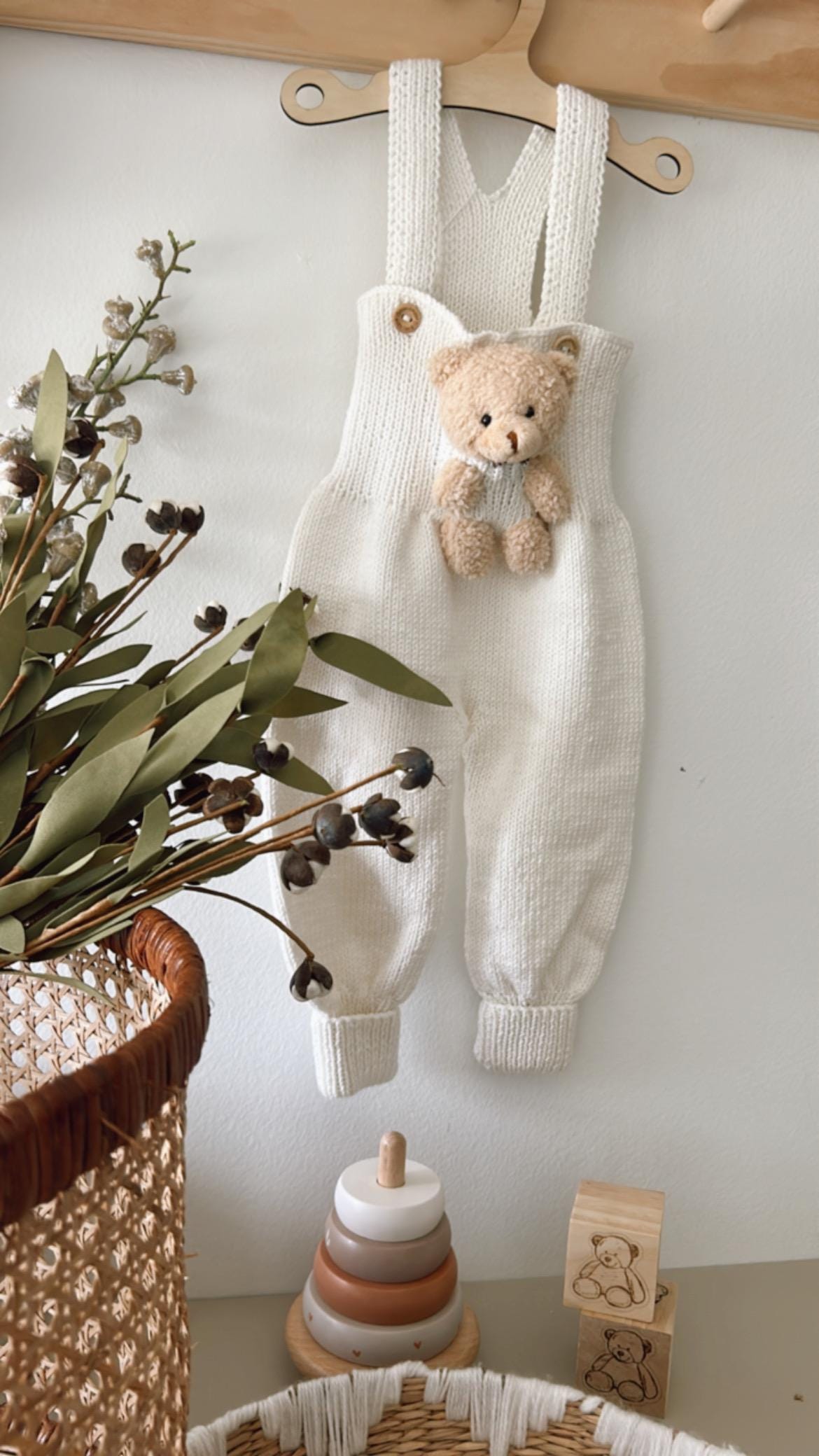 Handmade Baby Romper – Organic Knit with Teddy Bear (9–18 Months)