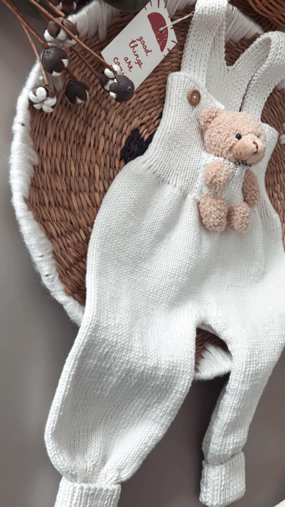 Handmade Baby Romper – Organic Knit with Teddy Bear (9–18 Months)