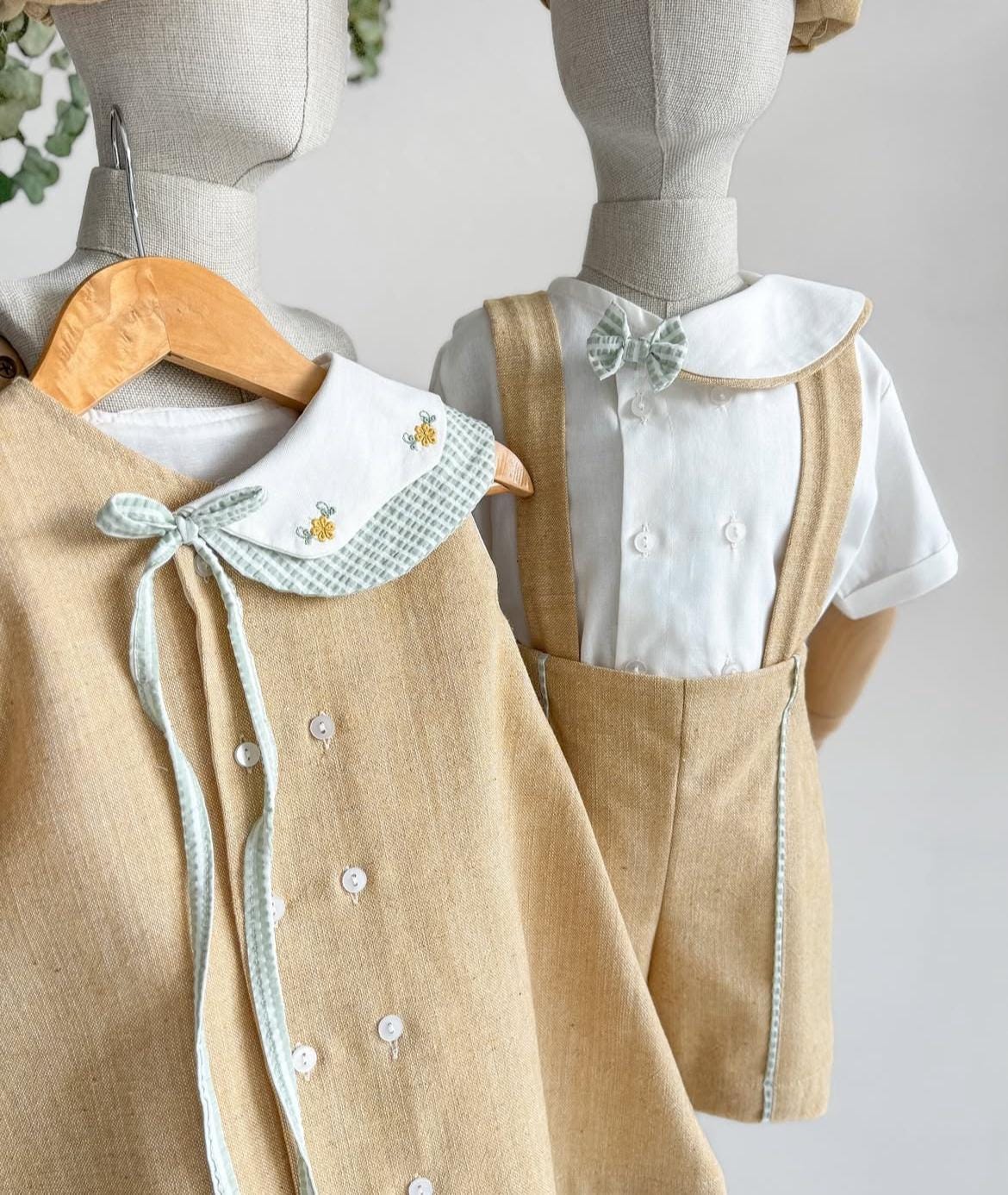 Sister and Brother Linen Clothing Sets, Kids Clothes, Siblings Matching Set, Tailored Kid's Dress and Romper Set