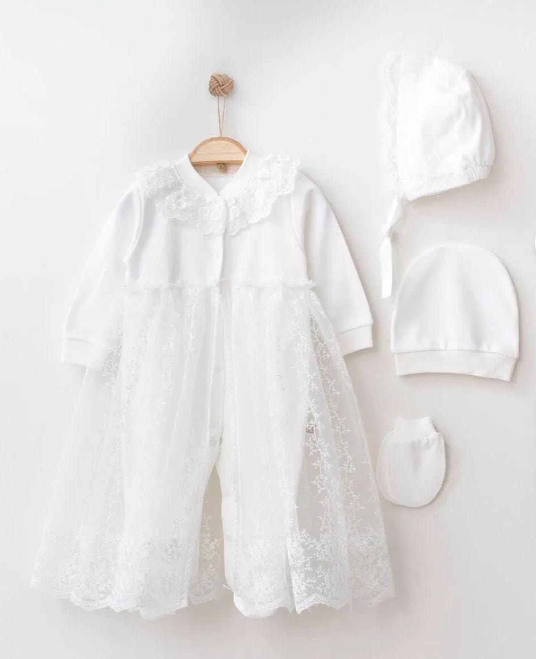 White Baptism Dress for a Baby Girl with Lace 3-6M, Elegant Lace Christening Gown, 4 Pc Christening Set for Baby Girl