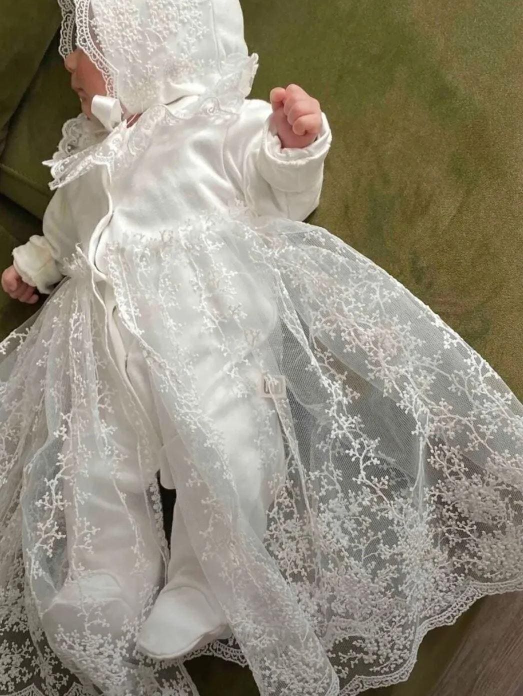 White Baptism Dress for a Baby Girl with Lace 3-6M, Elegant Lace Christening Gown, 4 Pc Christening Set for Baby Girl
