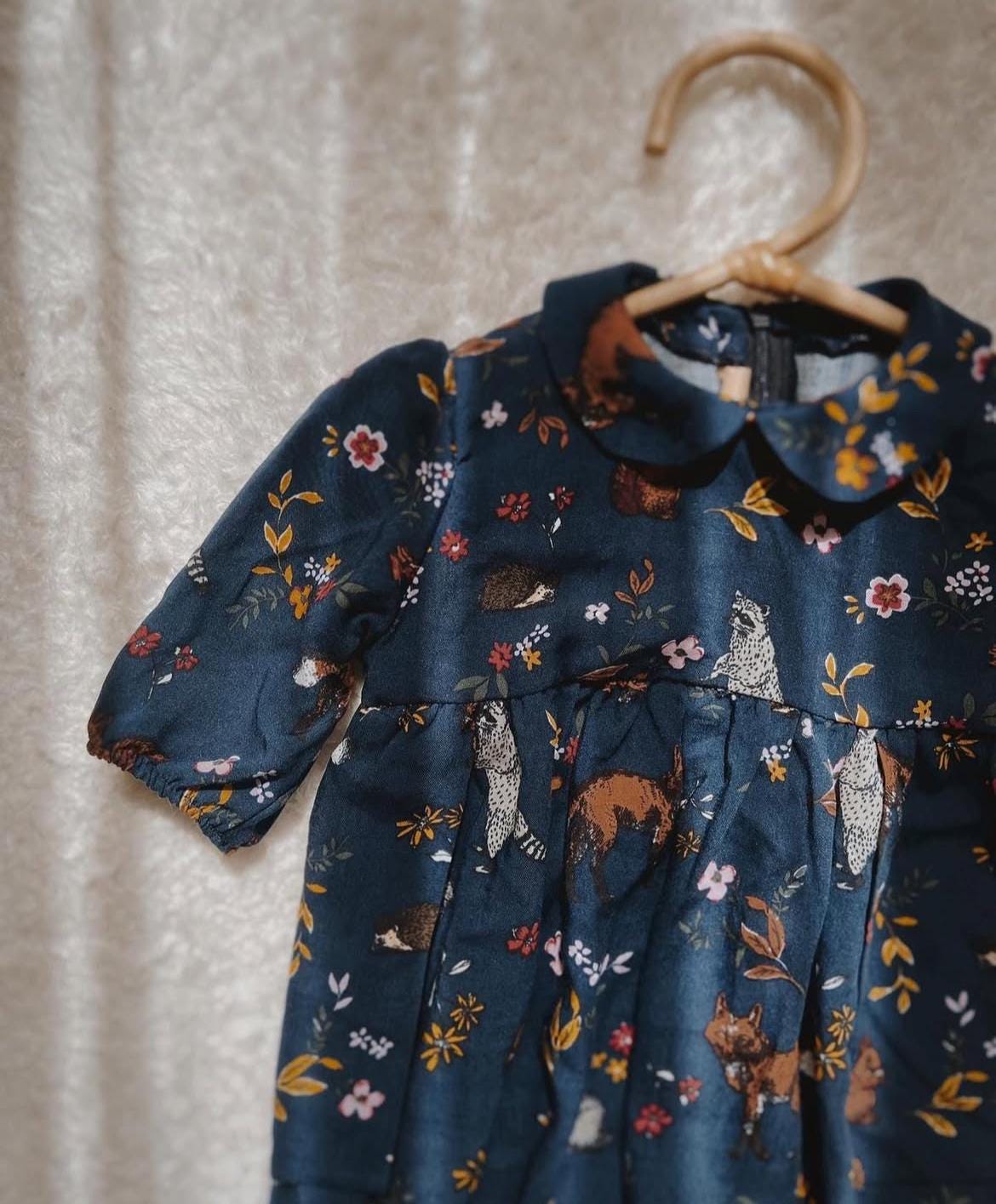 Woodland Animal Print Dress – Toddler & Girls Medium Sleeve Dress 3-4 Years