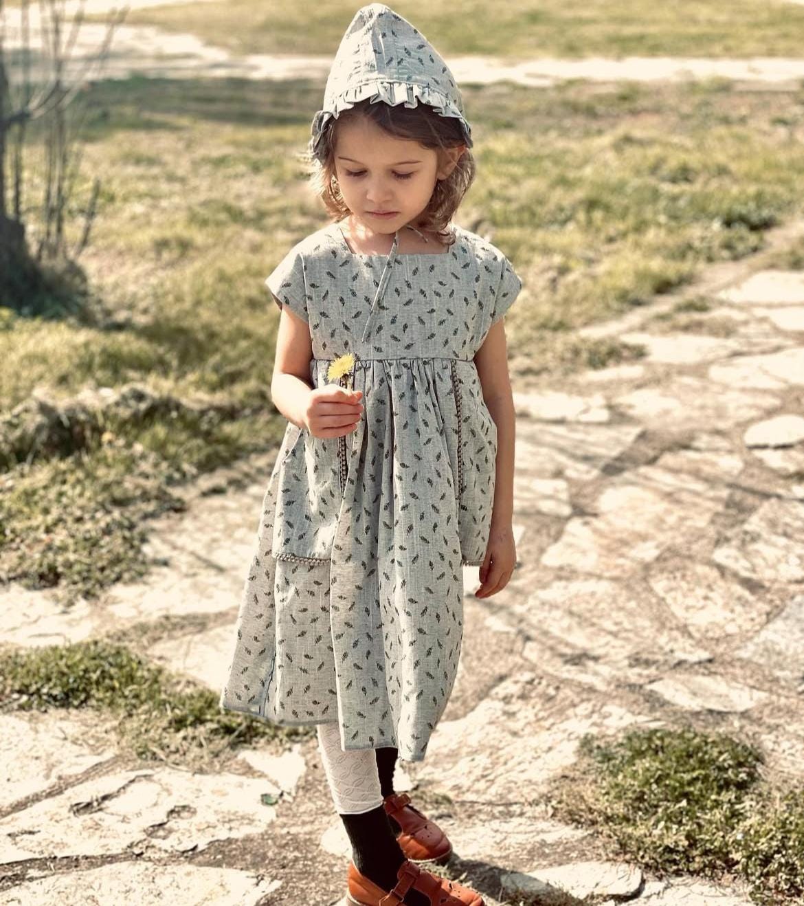 Storybook Cottage Dress with Matching Bonnet – Toddler & Girls Outfit 3 years Old