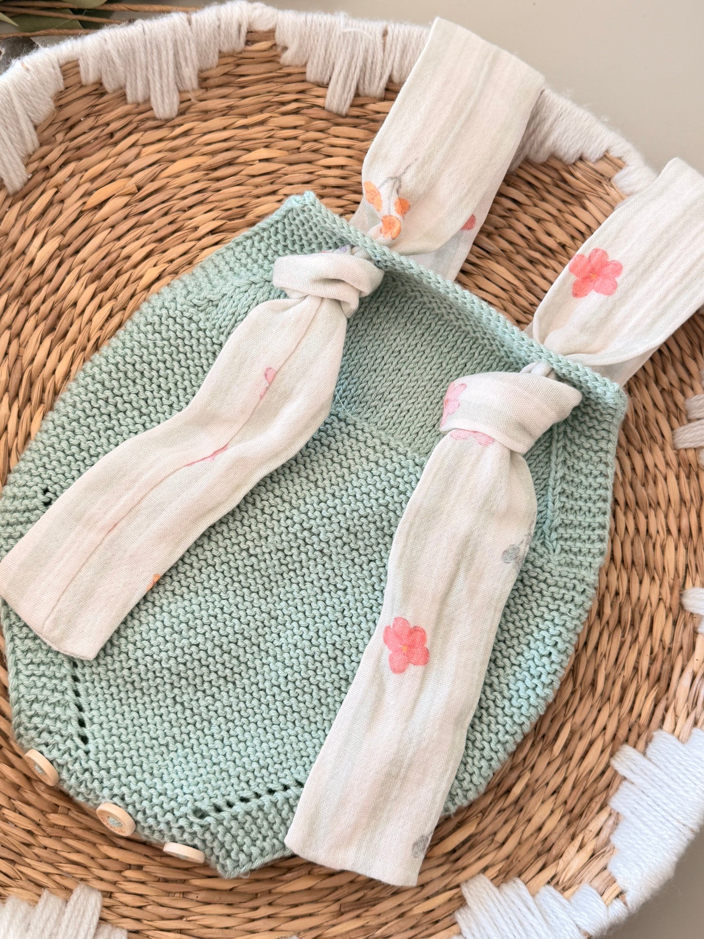 Hand-Knit Baby Romper with Muslin Tie Straps