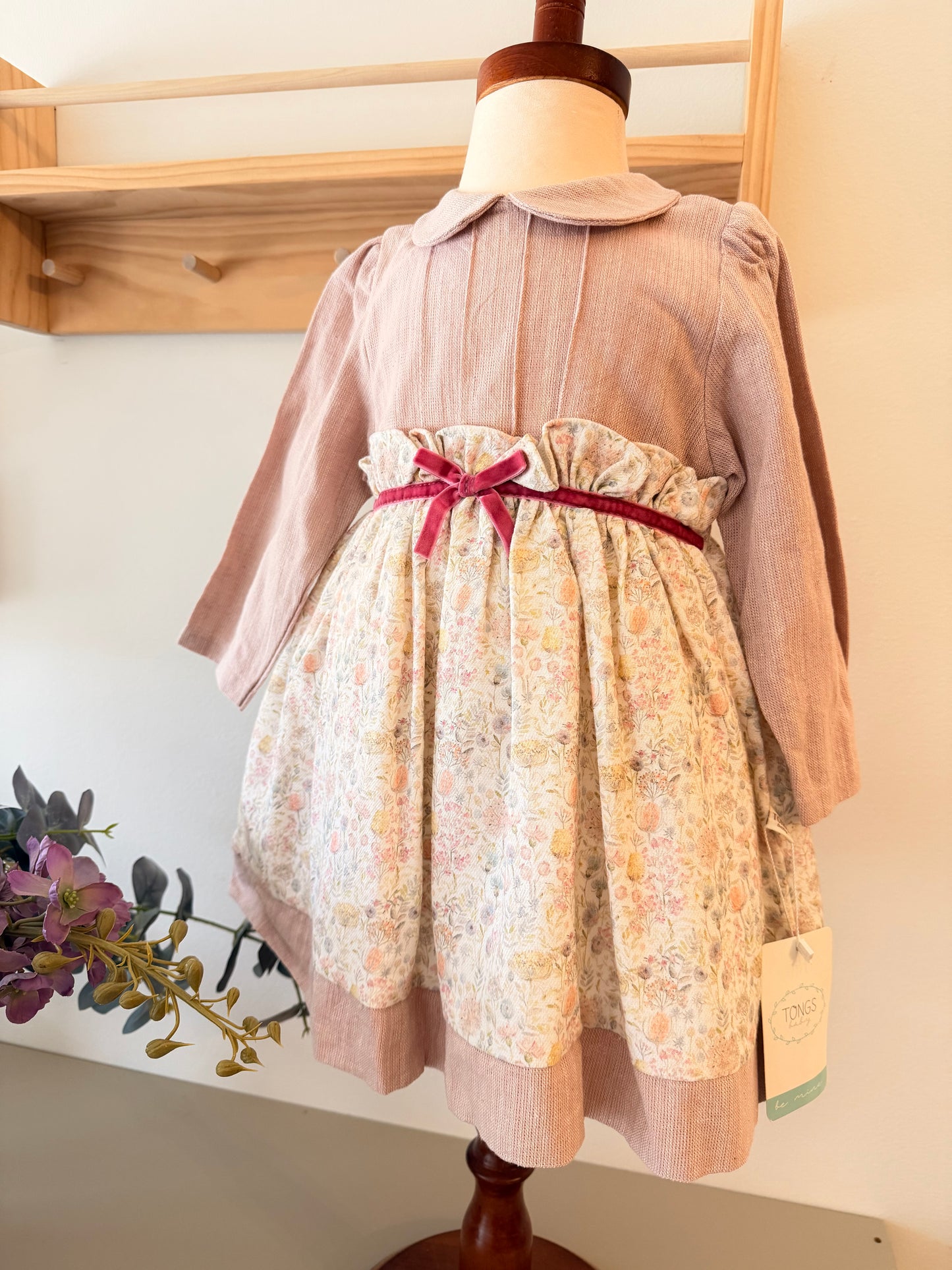 Baby Girl Long-Sleeve Floral Dress – Dusty Rose