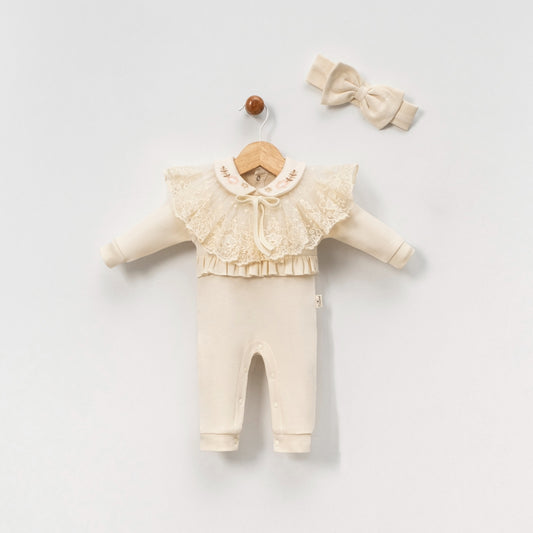 Heirloom Lace Baby Romper Set with Matching Bow Headband – Natural Ivory
