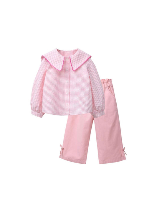 Pink Gingham Collar Top & Pants Set for Girls | Two Piece Classic Outfit