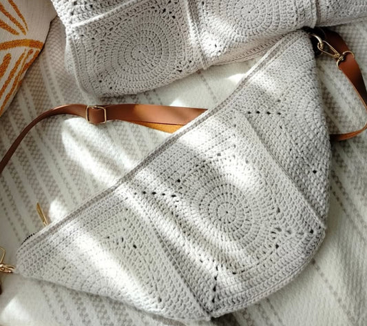 Handmade Crochet Crossbody Bag – Boho Chic with Leather Strap- Unique Gift for Mom