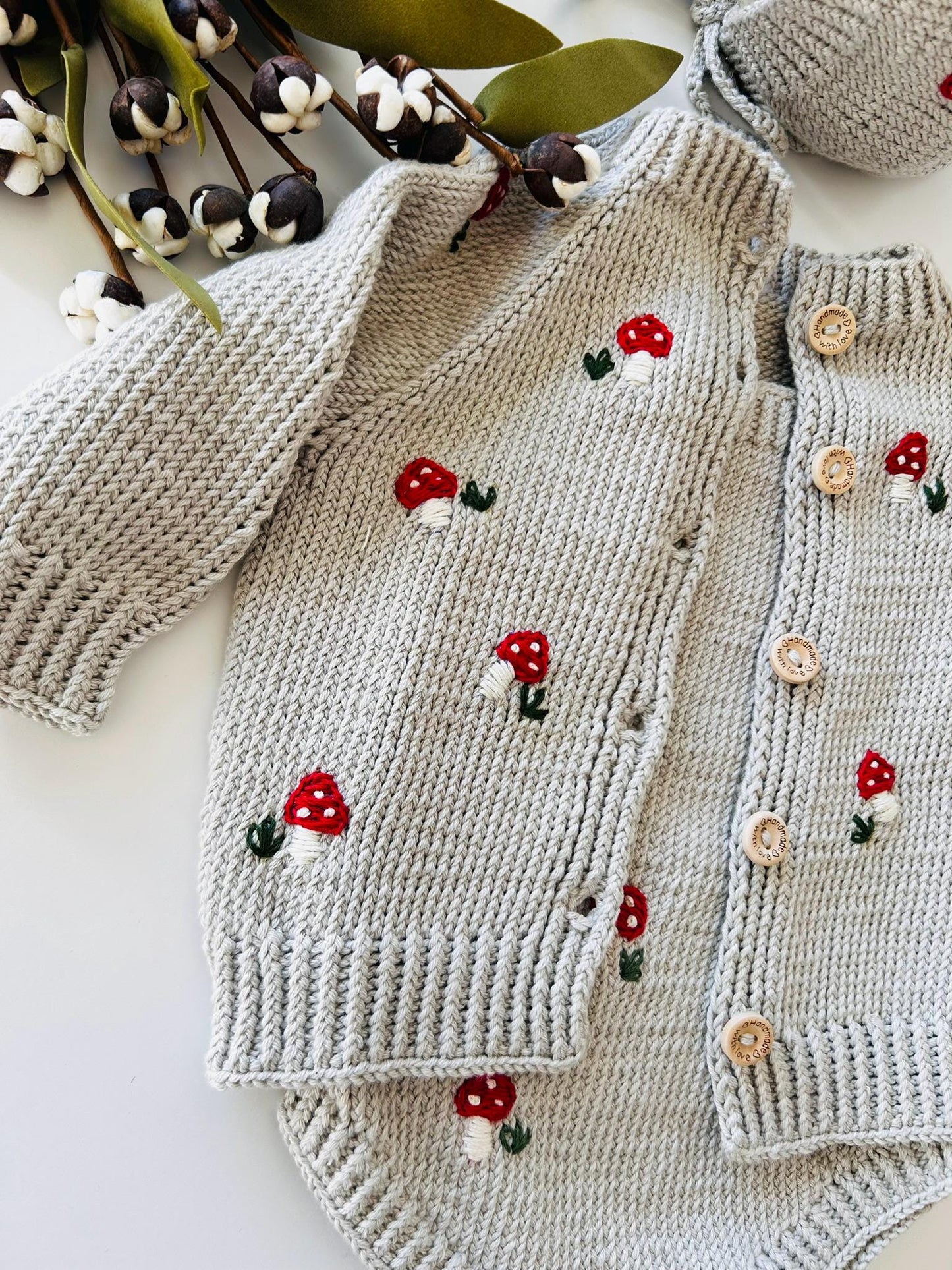 Handknit Mushroom Baby Romper, Mushroom Blanket