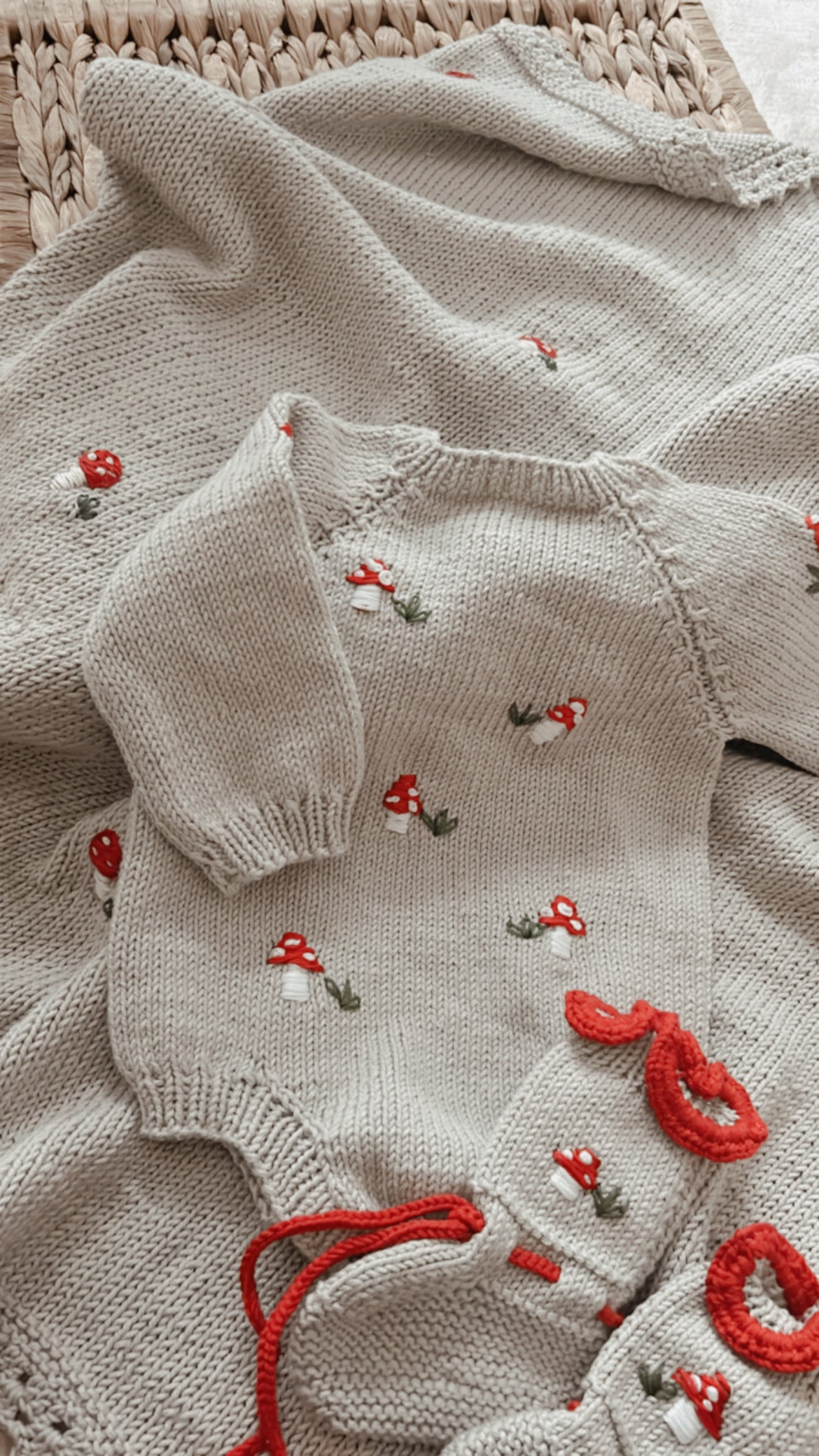 Mushroom Baby, Embroided Knit Baby Romper Set
