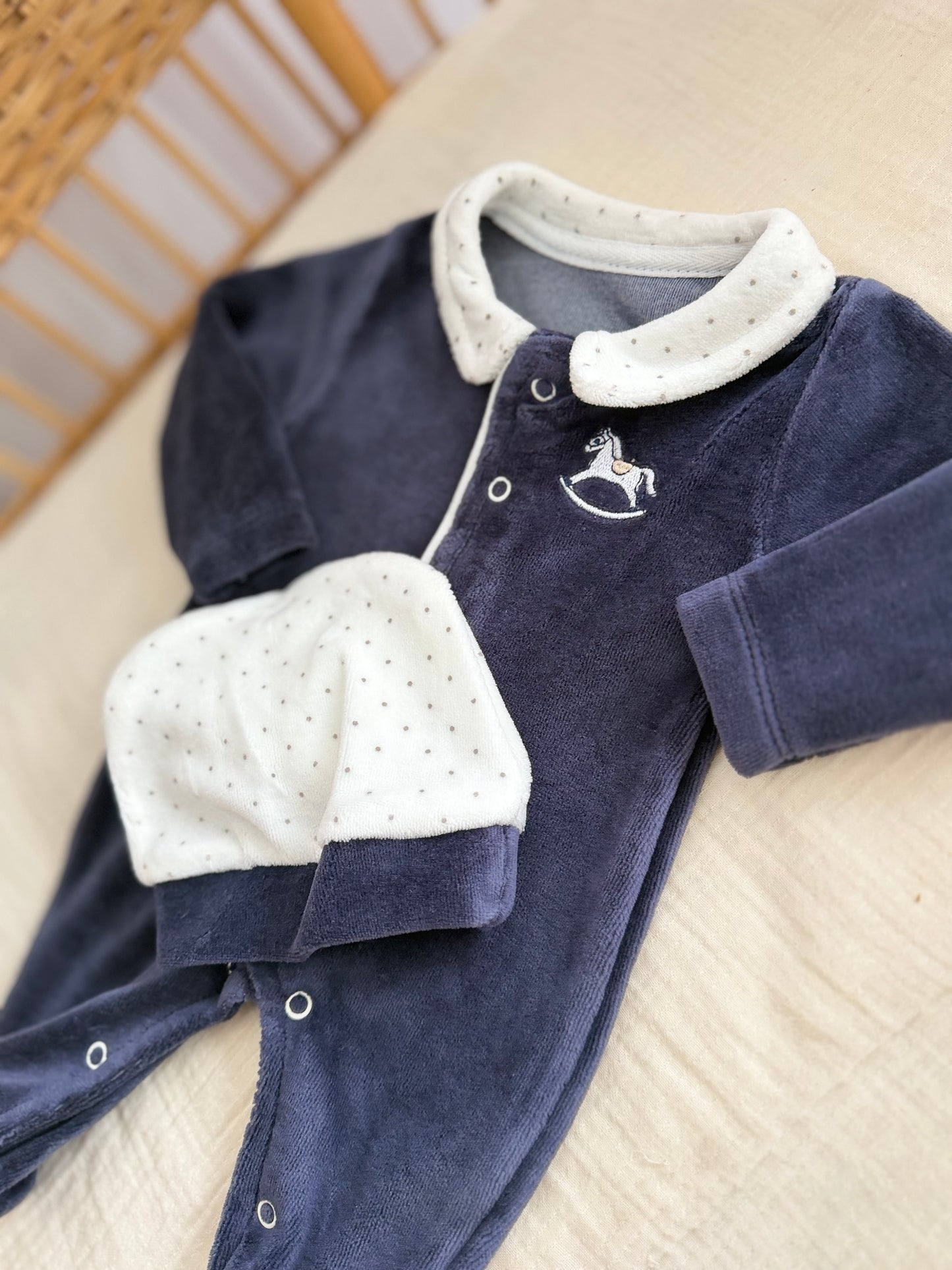 Navy Velour Baby Romper with Rocking Horse Embroidery