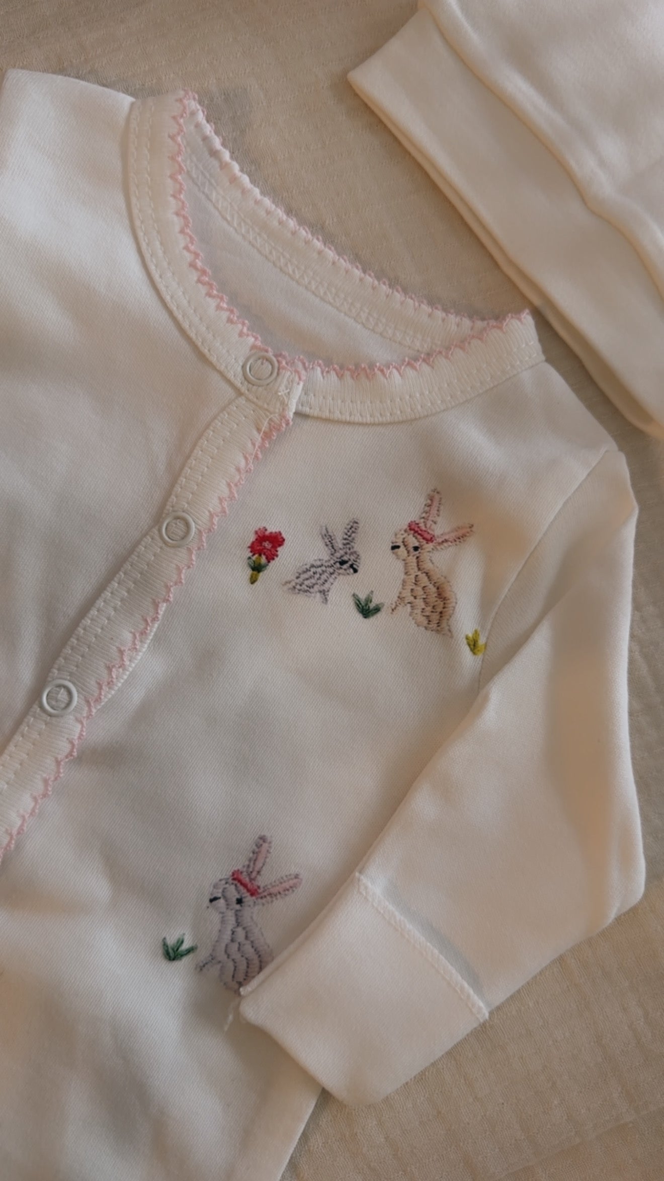 Bunny Print Footed Baby Sleeper (Embroidered-Look)