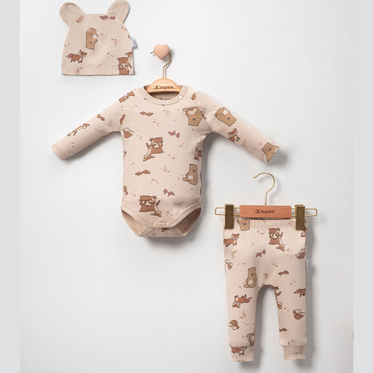 Cotton Baby Set with Woodland Animal Print – Bodysuit, Pants & Hat