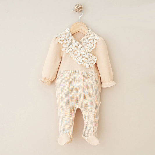 Baby Lace Detail Footed Romper | Long Sleeve Neutral One-Piece