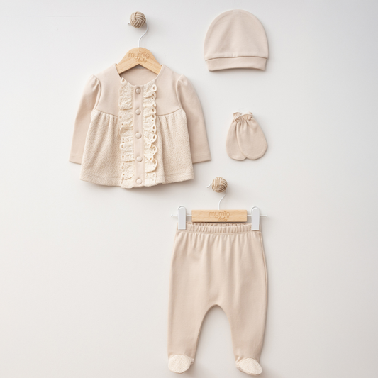 0-3 M Heirloom Neutral Newborn Outfit Set – 5-Piece Lace Detail Baby Layette