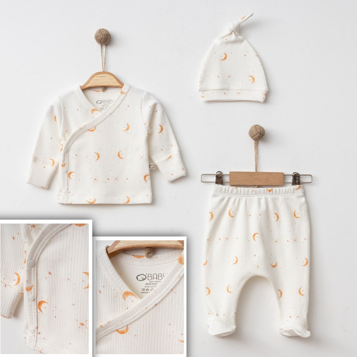 0-3 M-Moon & Stars Newborn Outfit Set – 3-Piece Ribbed Cotton Baby Set