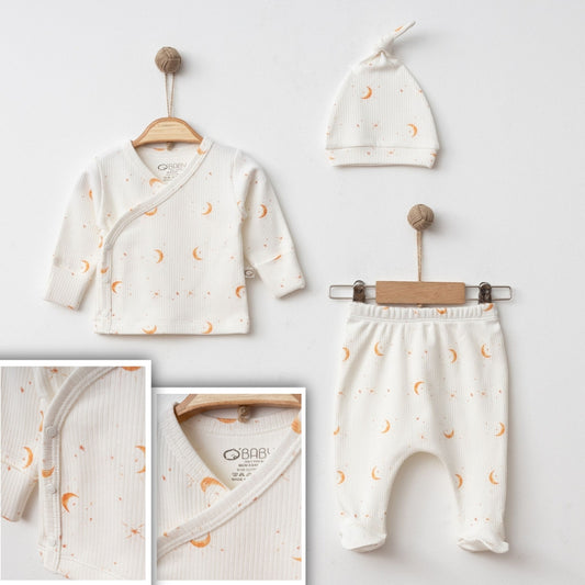 0-3 M-Moon & Stars Newborn Outfit Set – 3-Piece Ribbed Cotton Baby Set