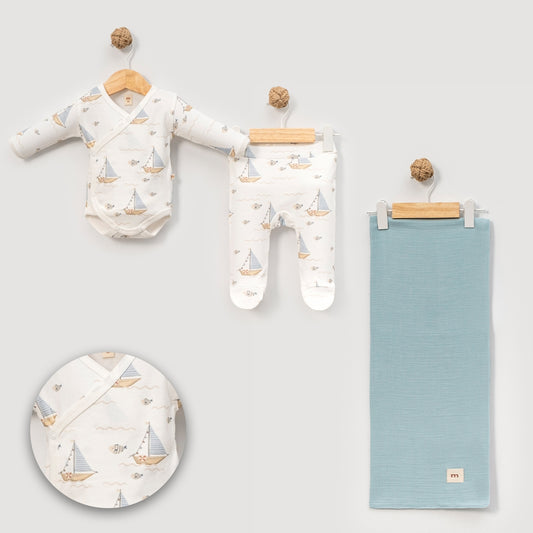 Baby Nautical 3-Piece Set | Kimono Bodysuit, Footed Pants & Muslin Swaddle Blanket